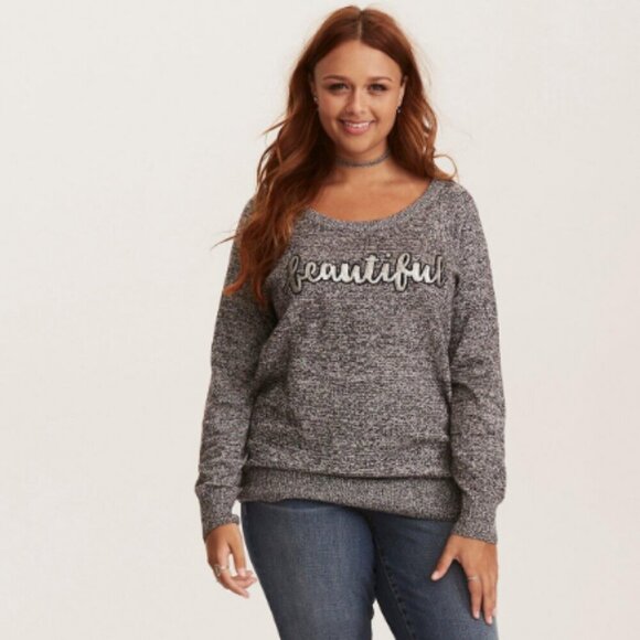 TORRID Sequin "Beautiful" Raglan Grey Cotton  Sweater Size 1 - Picture 1 of 12